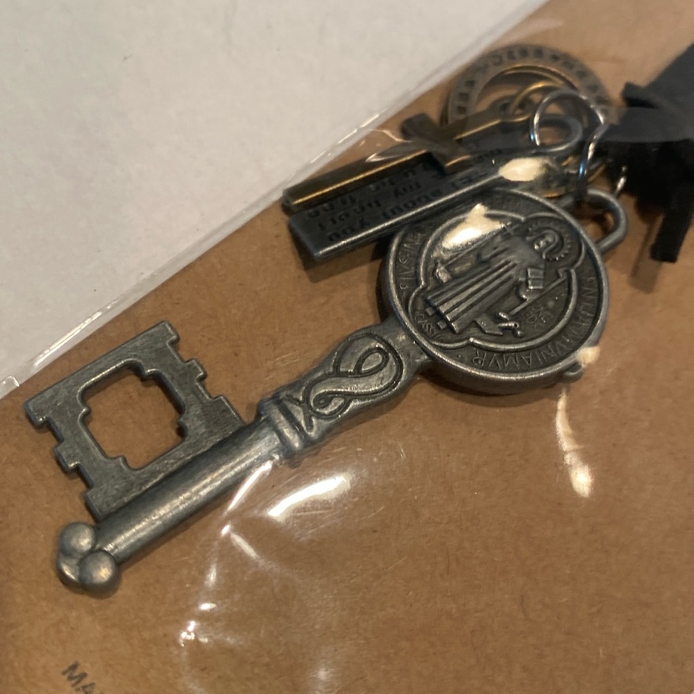 NIP St. Benedict Antique-Silvertone Key Medallion, Christian Cross and Amulets